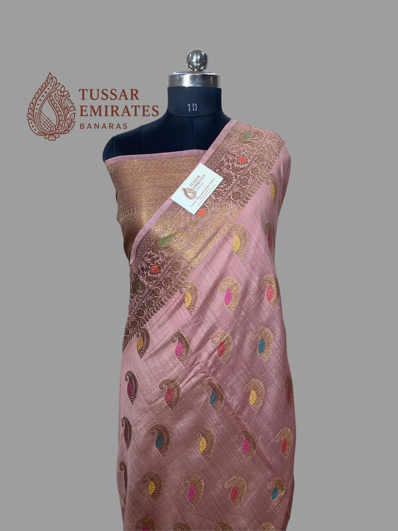 ure Munga Silk Banarasi Saree – Dusty Rose Pink Antique Zari - Tussar Emirates