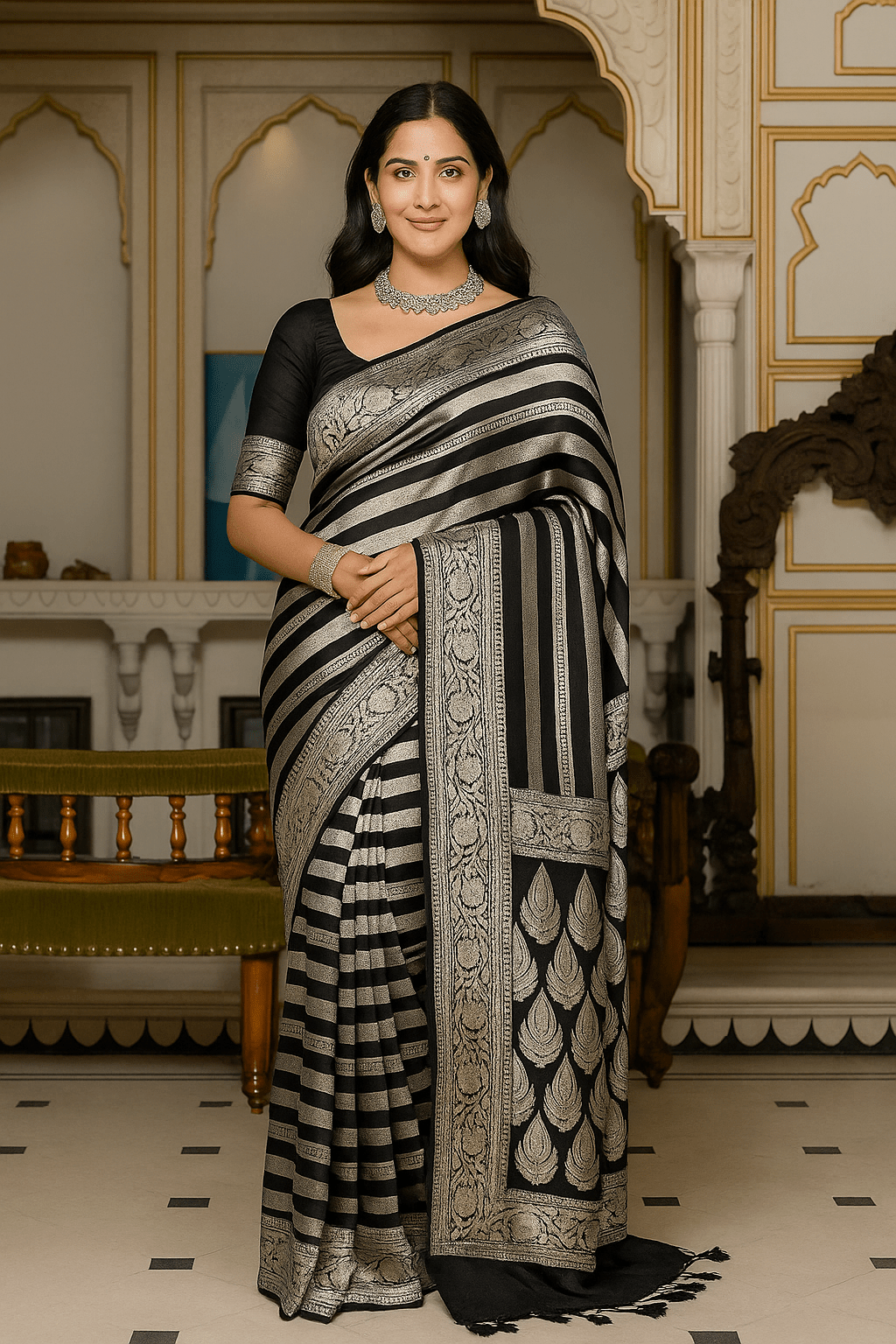 Midnight Black Khaddi Georgette Banarasi Handloom Saree – Antique Zari Weave - Tussar Emirates