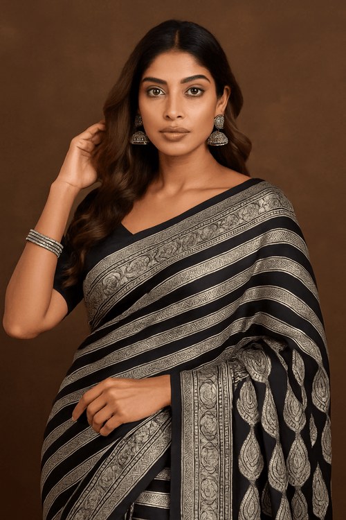 Midnight Black Khaddi Georgette Banarasi Handloom Saree – Antique Zari Weave - Tussar Emirates
