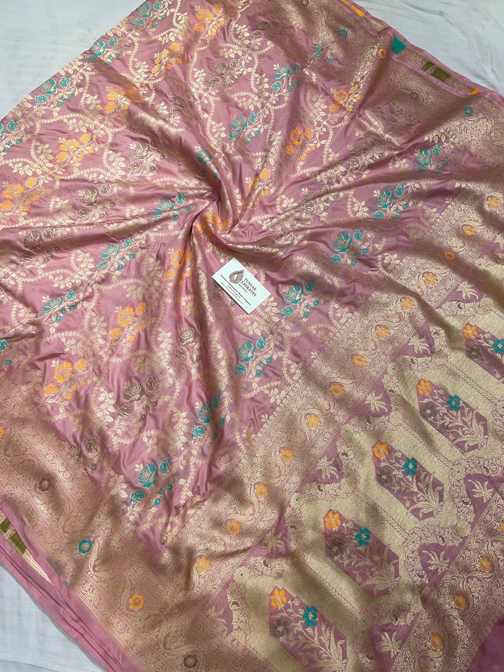 Pure Katan Silk Banarasi Jangla Saree with all - over jaal work, kadua border, and gold zari cutwork - Tussar Emirates