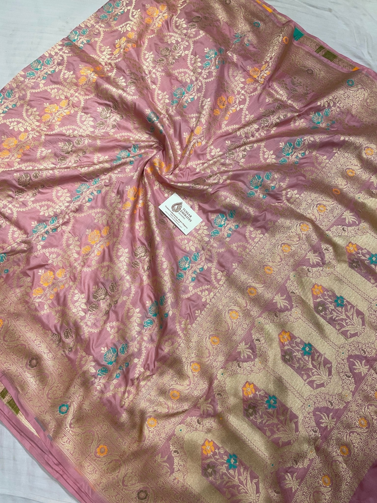 Pure Katan Silk Banarasi Jangla Saree with all - over jaal work, kadua border, and gold zari cutwork - Tussar Emirates