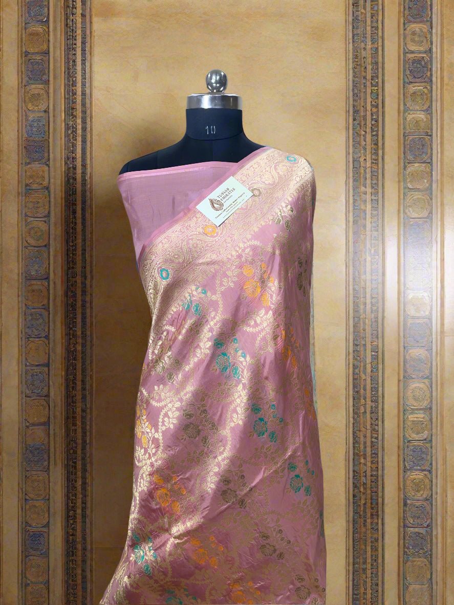 Pure Katan Silk Banarasi Jangla Saree with all - over jaal work, kadua border, and gold zari cutwork - Tussar Emirates
