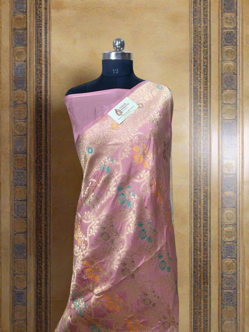 Pure Katan Silk Banarasi Jangla Saree with all - over jaal work, kadua border, and gold zari cutwork - Tussar Emirates