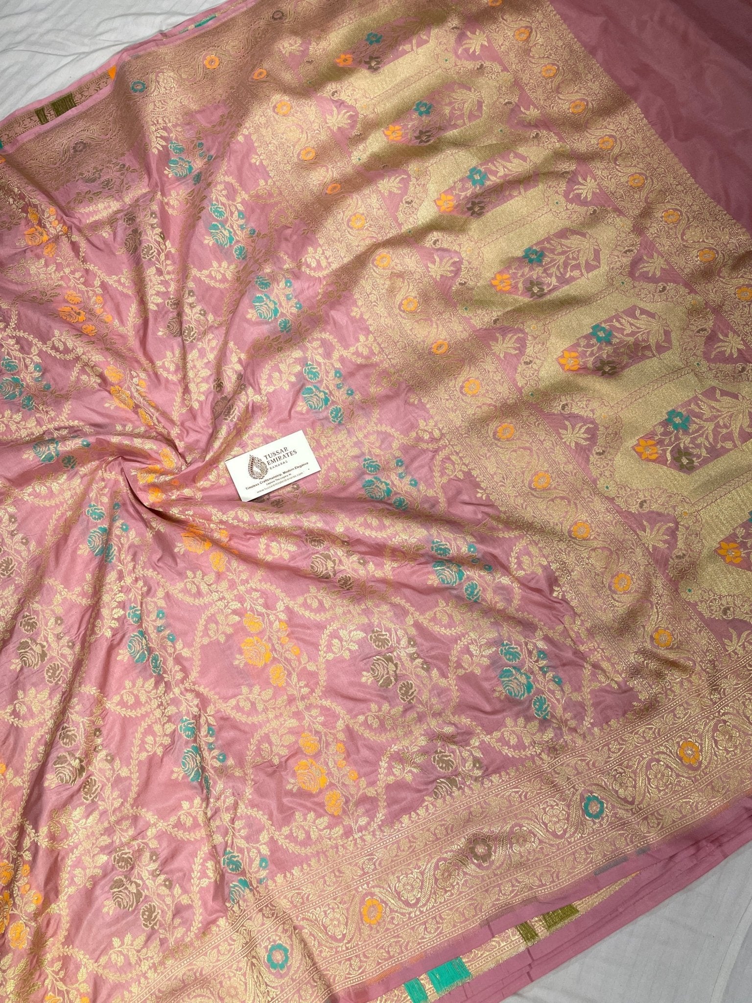 Pure Katan Silk Banarasi Jangla Saree with all - over jaal work, kadua border, and gold zari cutwork - Tussar Emirates