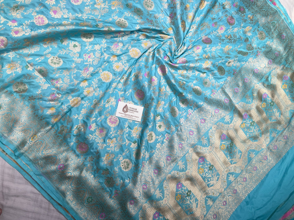 Pure Katan Silk Banarasi Jangla Saree with gold zari jaal work. - Tussar Emirates