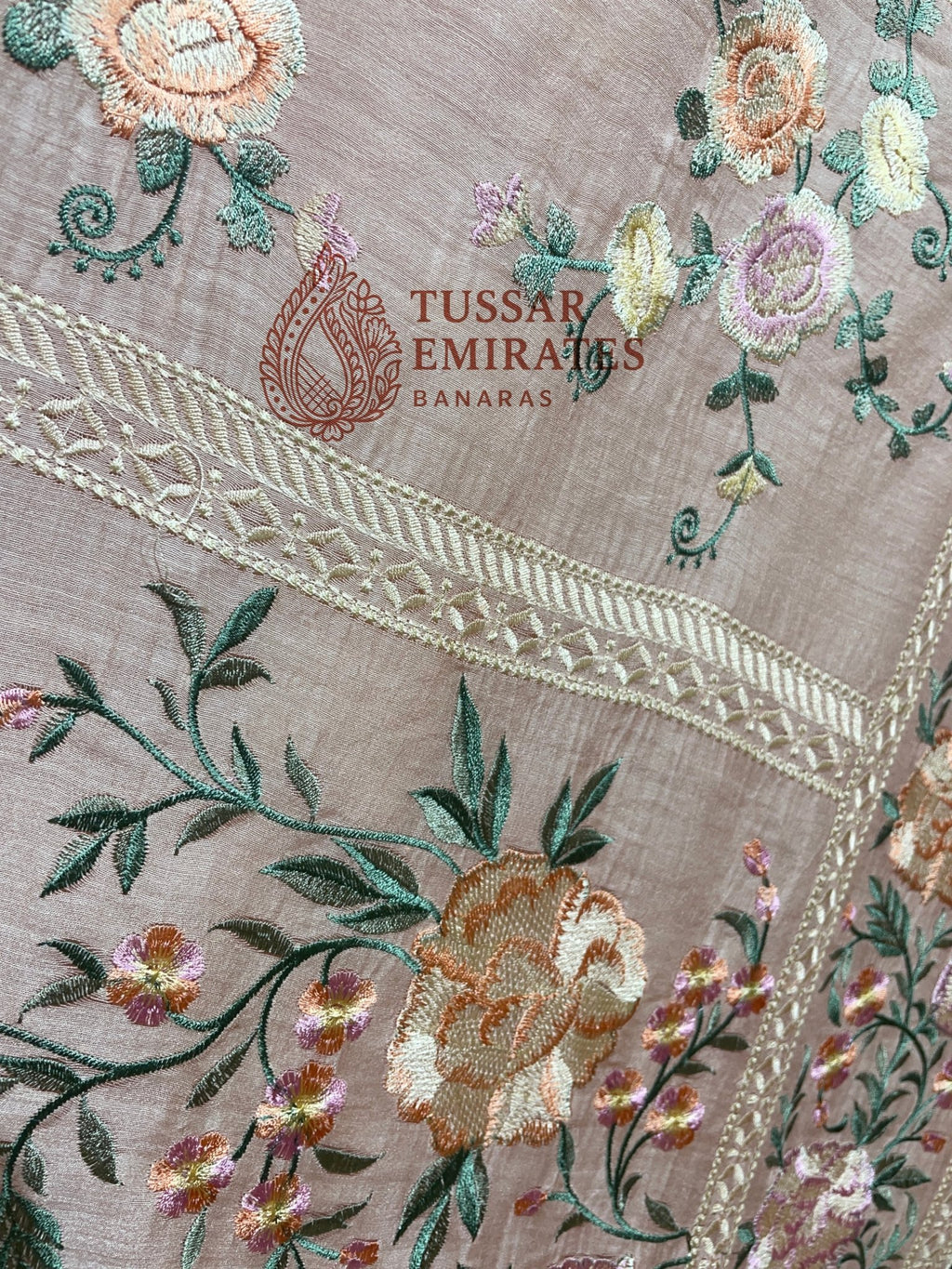 Pure Munga Silk Banarasi Saree - Chikankari all over - Tussar Emirates