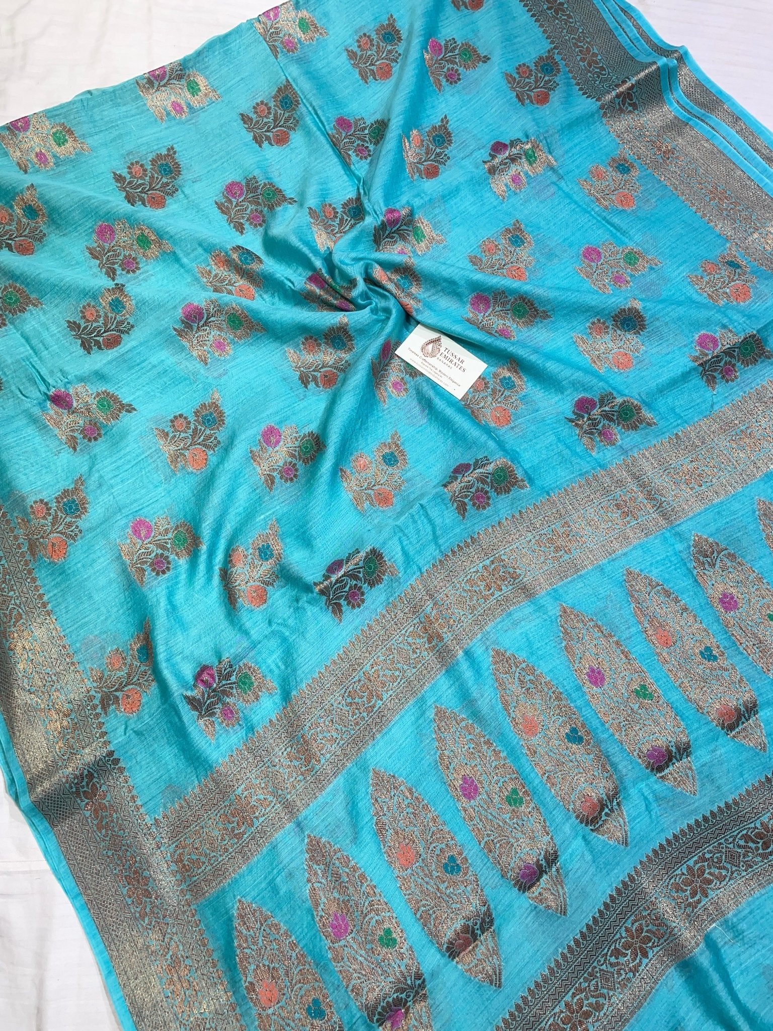 Pure Munga Silk Banarasi Saree – Sky Blue Antique Zari - Tussar Emirates