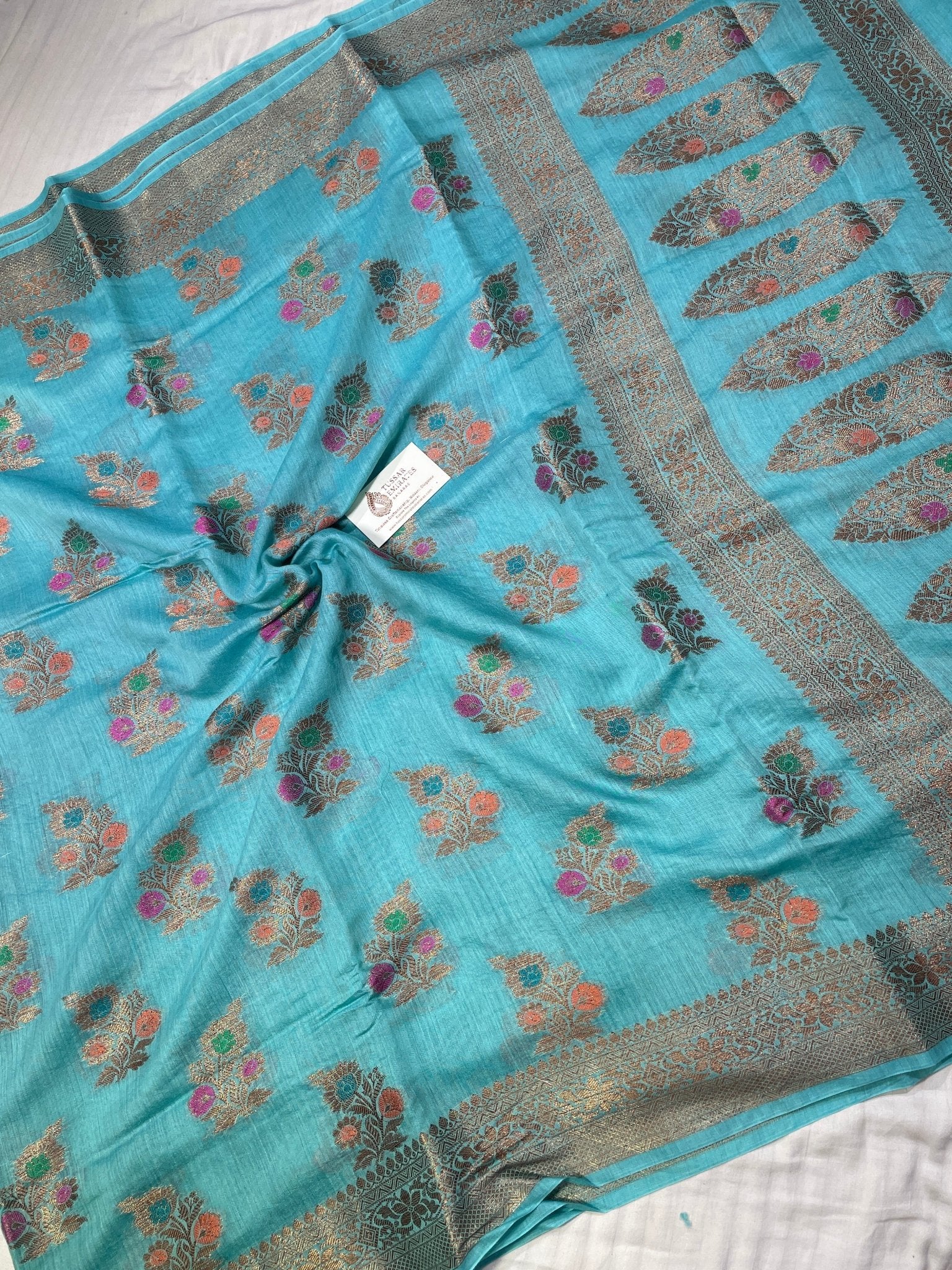 Pure Munga Silk Banarasi Saree – Sky Blue Antique Zari - Tussar Emirates