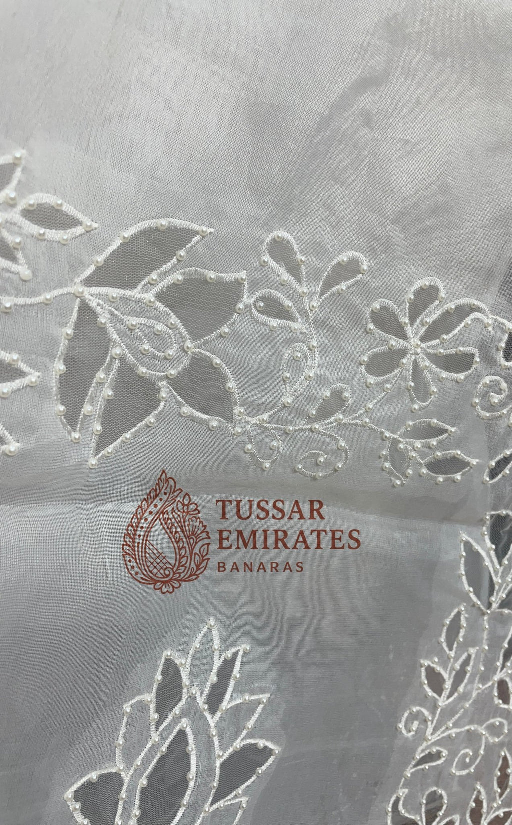 Pure Organza Silk Handloom Banarasi Saree - handwork motifs with applique work - Tussar Emirates