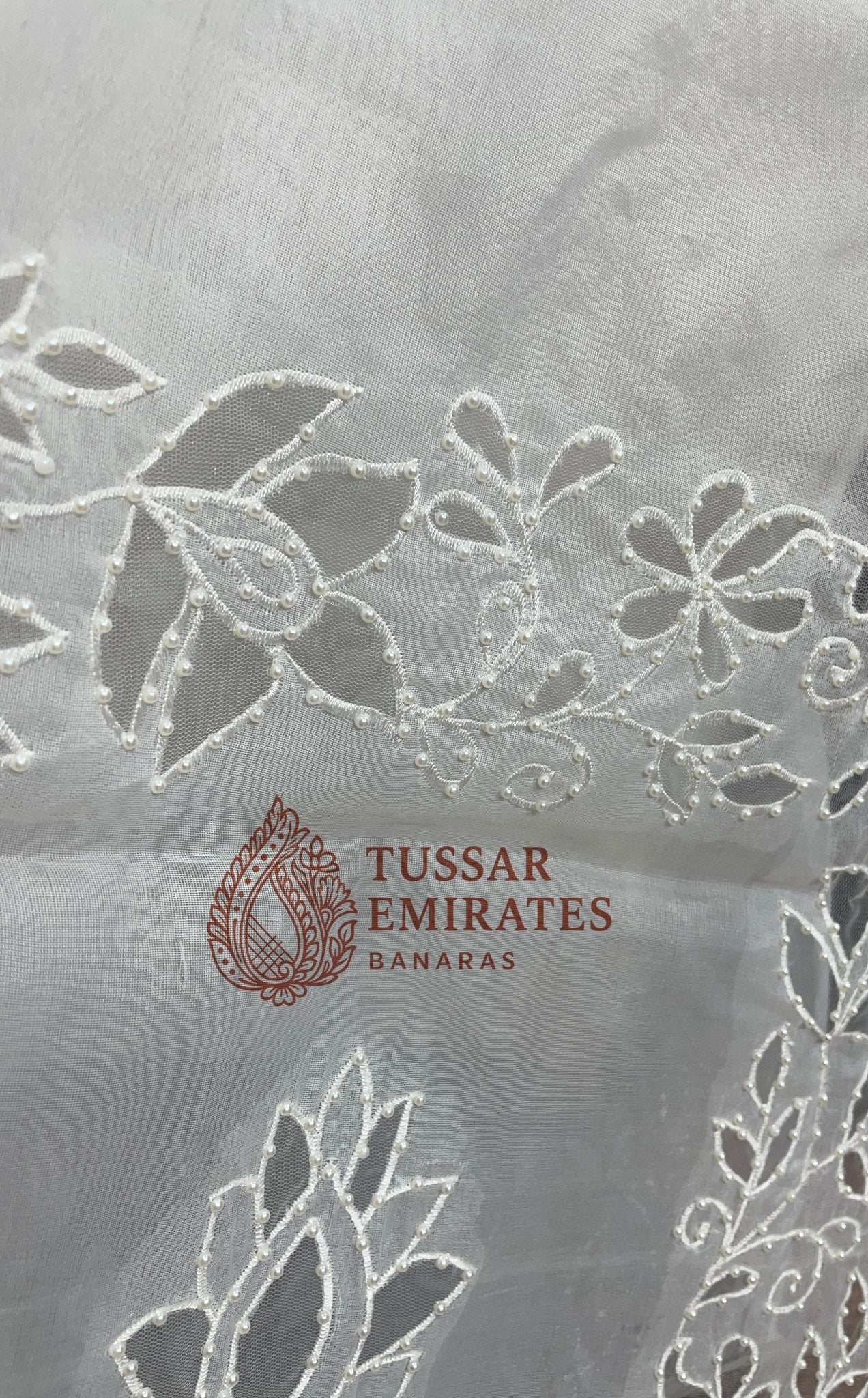 Pure Organza Silk Handloom Banarasi Saree - handwork motifs with applique work - Tussar Emirates