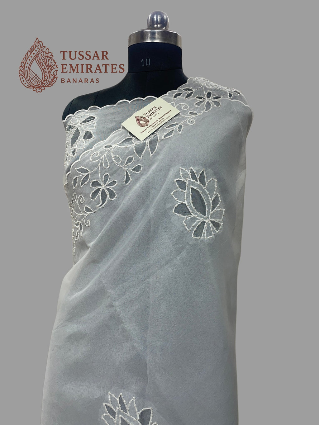 Pure Organza Silk Handloom Banarasi Saree - handwork motifs with applique work - Tussar Emirates