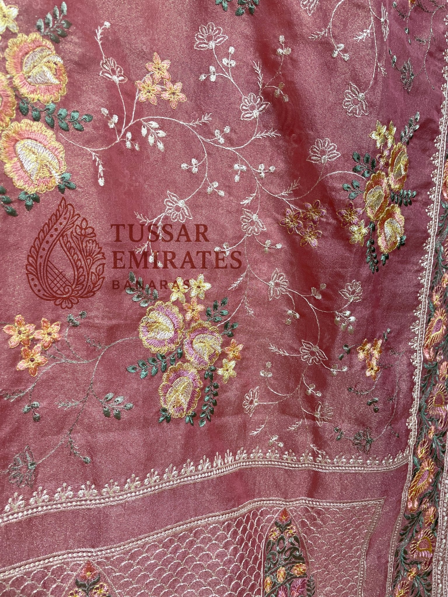 Pure Tissue Silk Banarasi Saree - Chikankari all over - Tussar Emirates