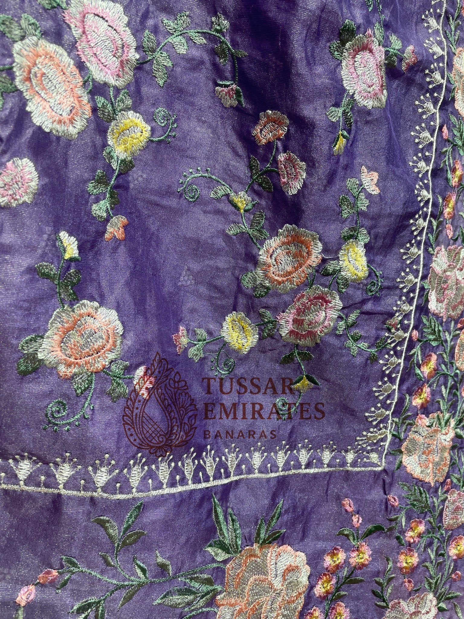 Pure Tissue Silk Banarasi Saree - Chikankari all over - Tussar Emirates