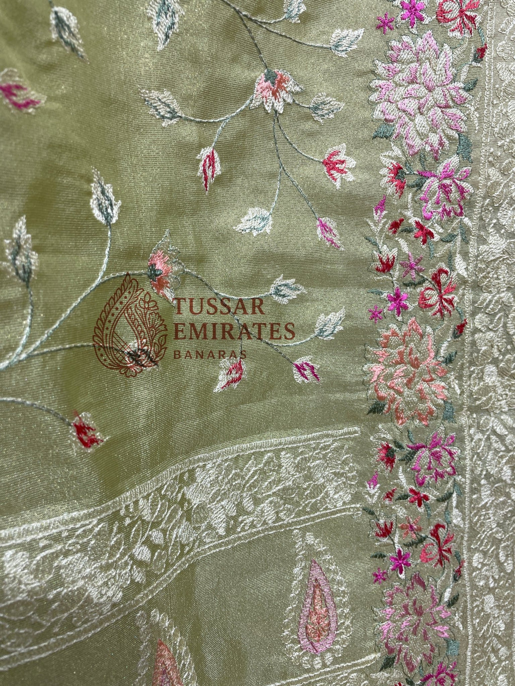 Pure Tissue Silk Banarasi Saree - Chikankari all over - Tussar Emirates