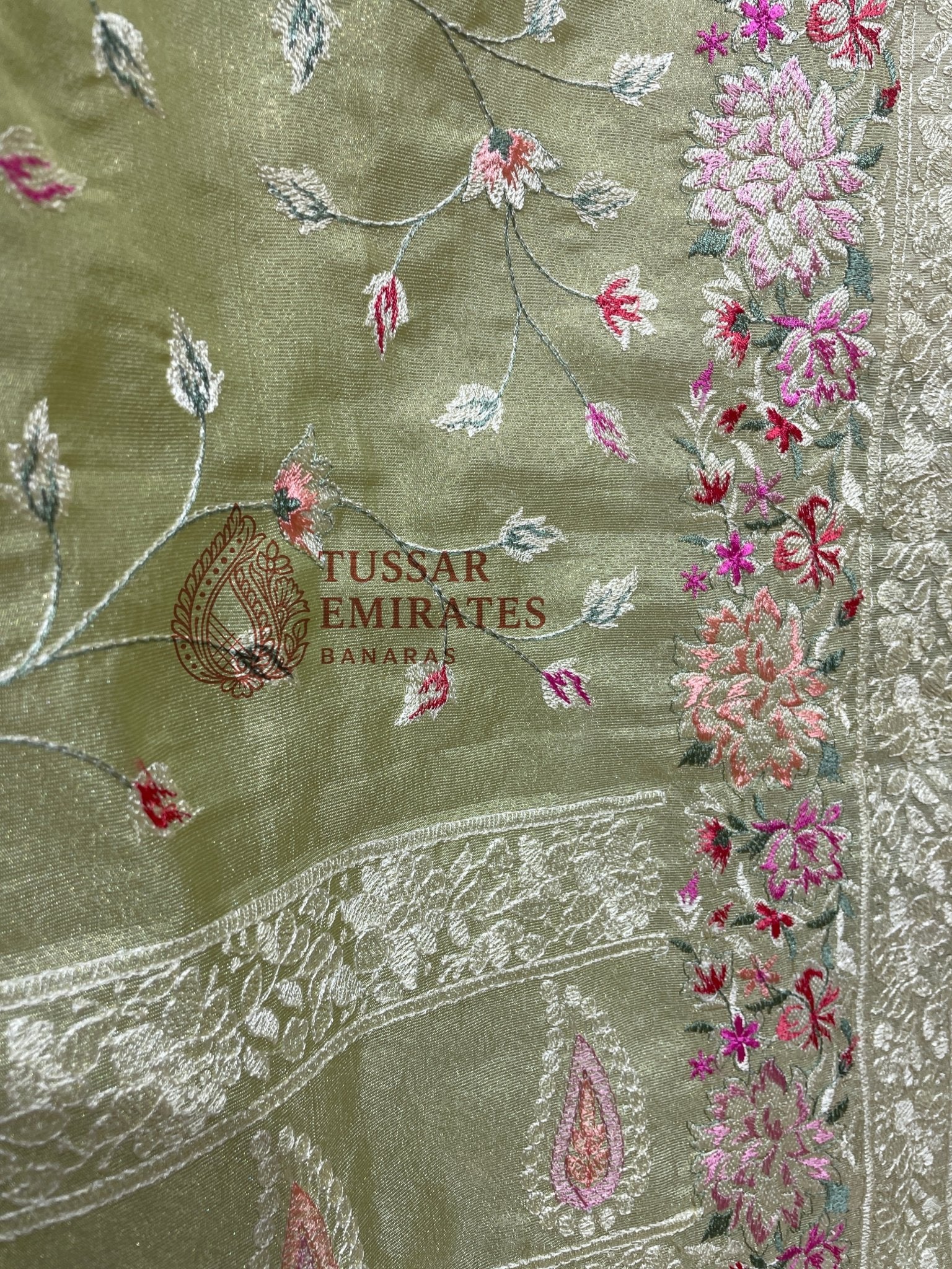 Pure Tissue Silk Banarasi Saree - Chikankari all over - Tussar Emirates
