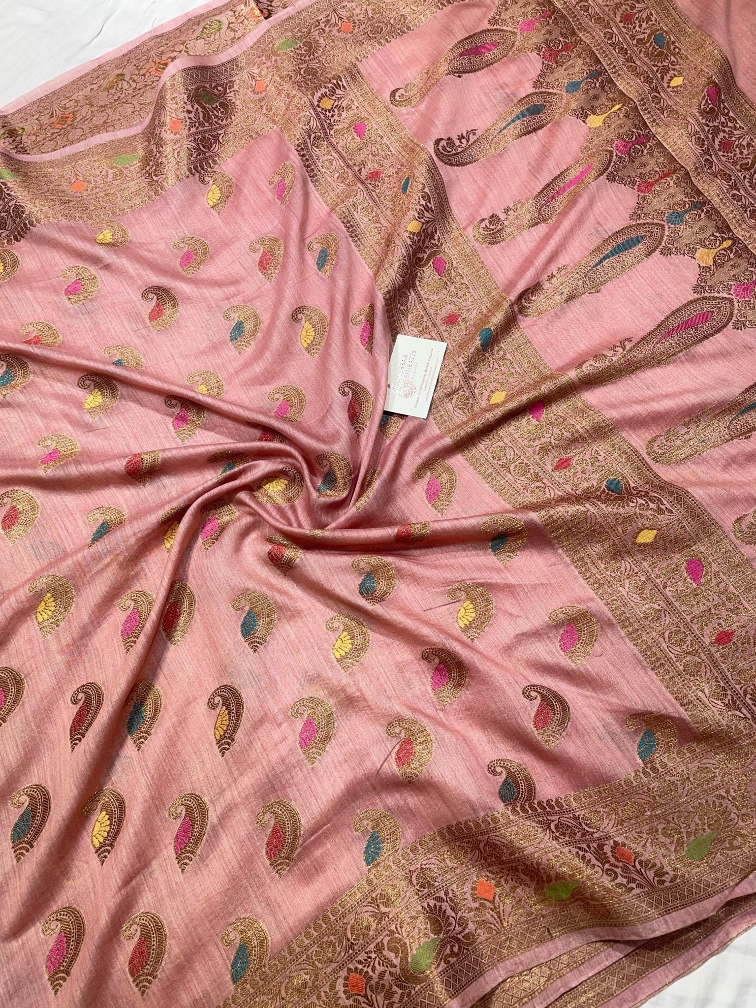ure Munga Silk Banarasi Saree – Dusty Rose Pink Antique Zari - Tussar Emirates
