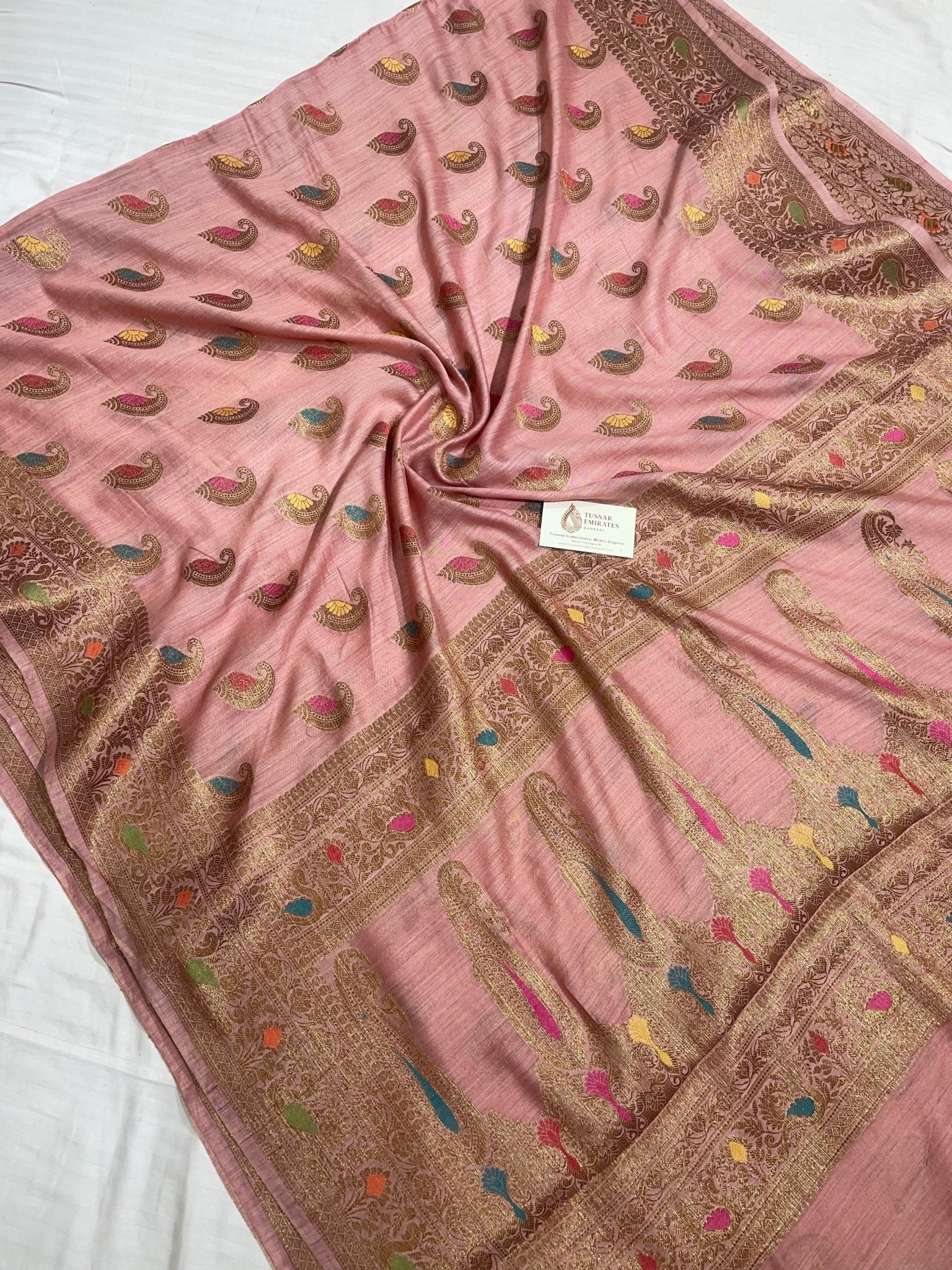 ure Munga Silk Banarasi Saree – Dusty Rose Pink Antique Zari - Tussar Emirates